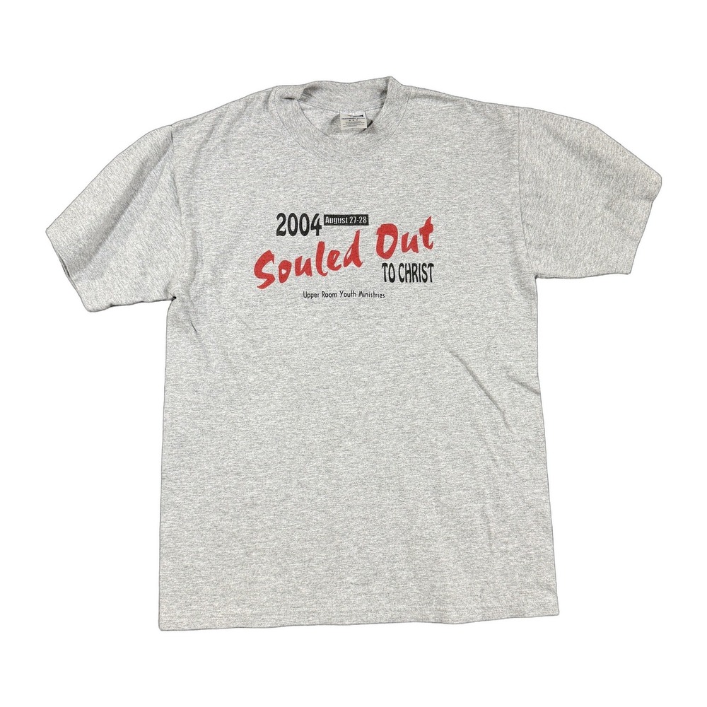 Jerzees Mens 2004 Souled Out To Christ Religious Graphic T-Shirt Gray Medium